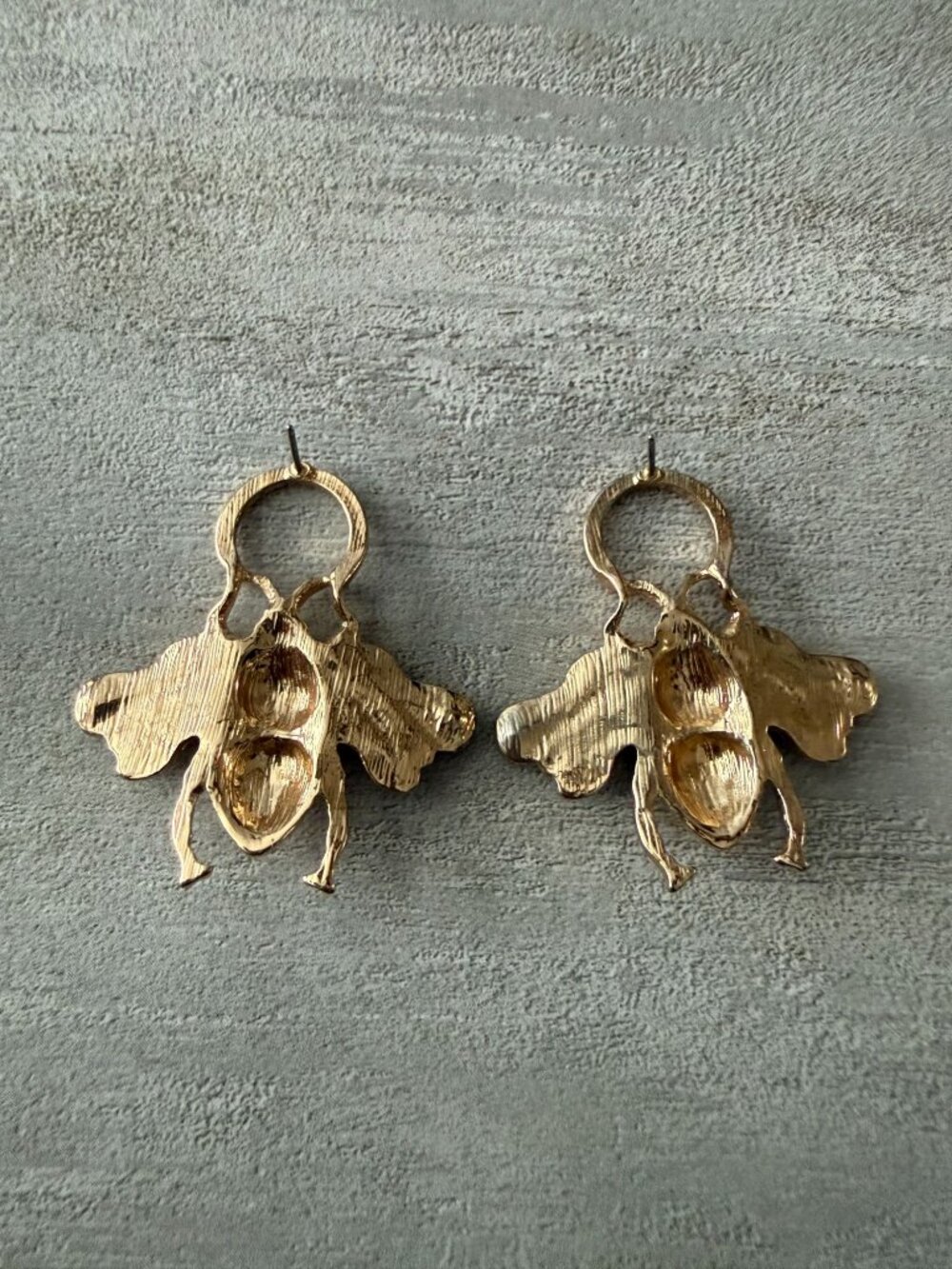 Gold Bee-Shaped Earrings Black Rhinestone Wing Detailing Post Back Oversized - Picture 4 of 5